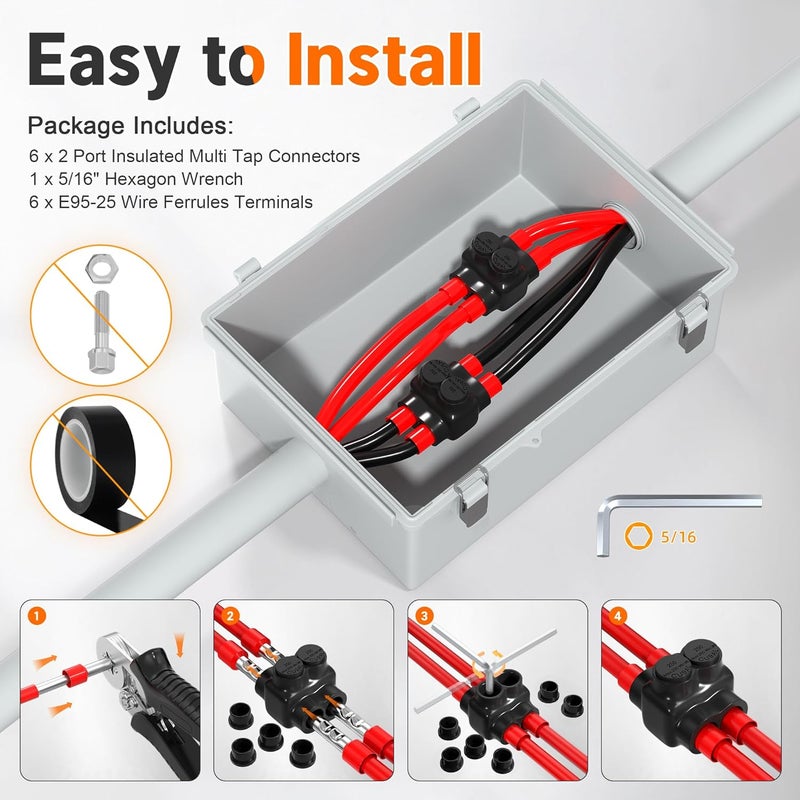 Joinfworld 2 Port Insulated Multi Tap Connector 250MCM-6AWG Aluminum to Copper Wire Connectors Dual Entry Black Electrical Cable Connectors with Slotted Allen Hex - 6 Pack - Image 5